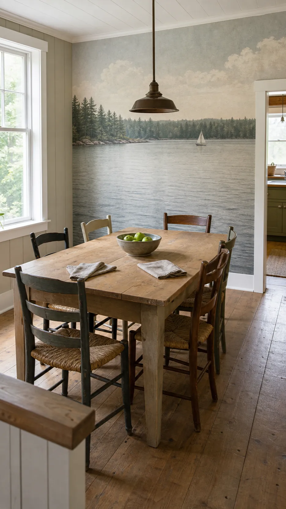 Lake house dining room with a restrained vintage seascape wallpaper mural