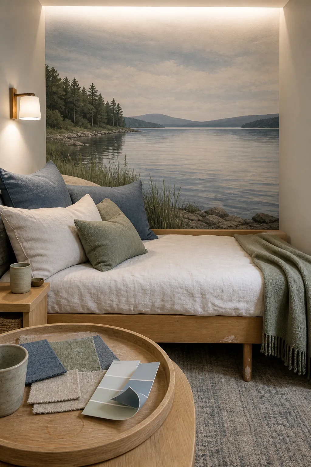 Lake landscape mural palette repeated in light furniture textiles and soft wall colors
