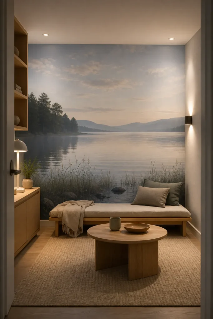 Lake view wallpaper mural making a windowless room feel open and outdoorsy