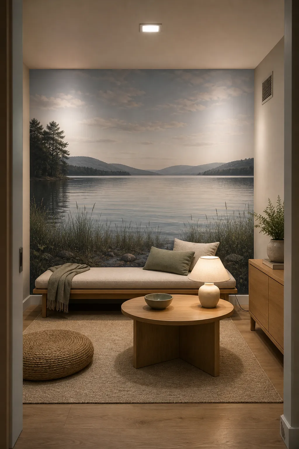 Lake view wallpaper mural giving a windowless room a calm outdoor feeling