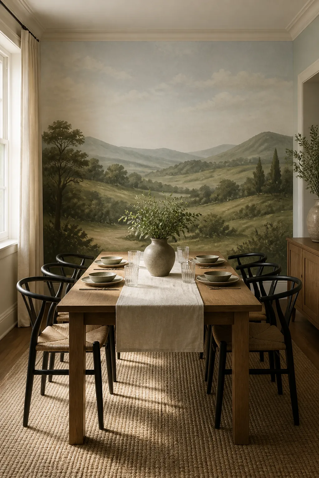 Landscape mural behind a dining table with a low rolling hills horizon