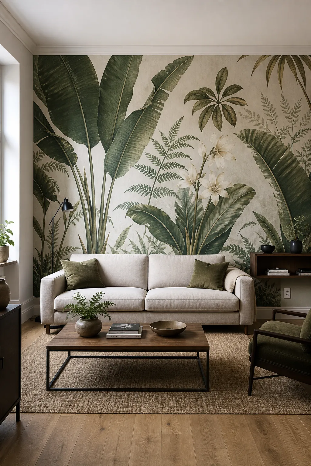 Large botanical wall mural used as a living room hero wall with low quiet furniture