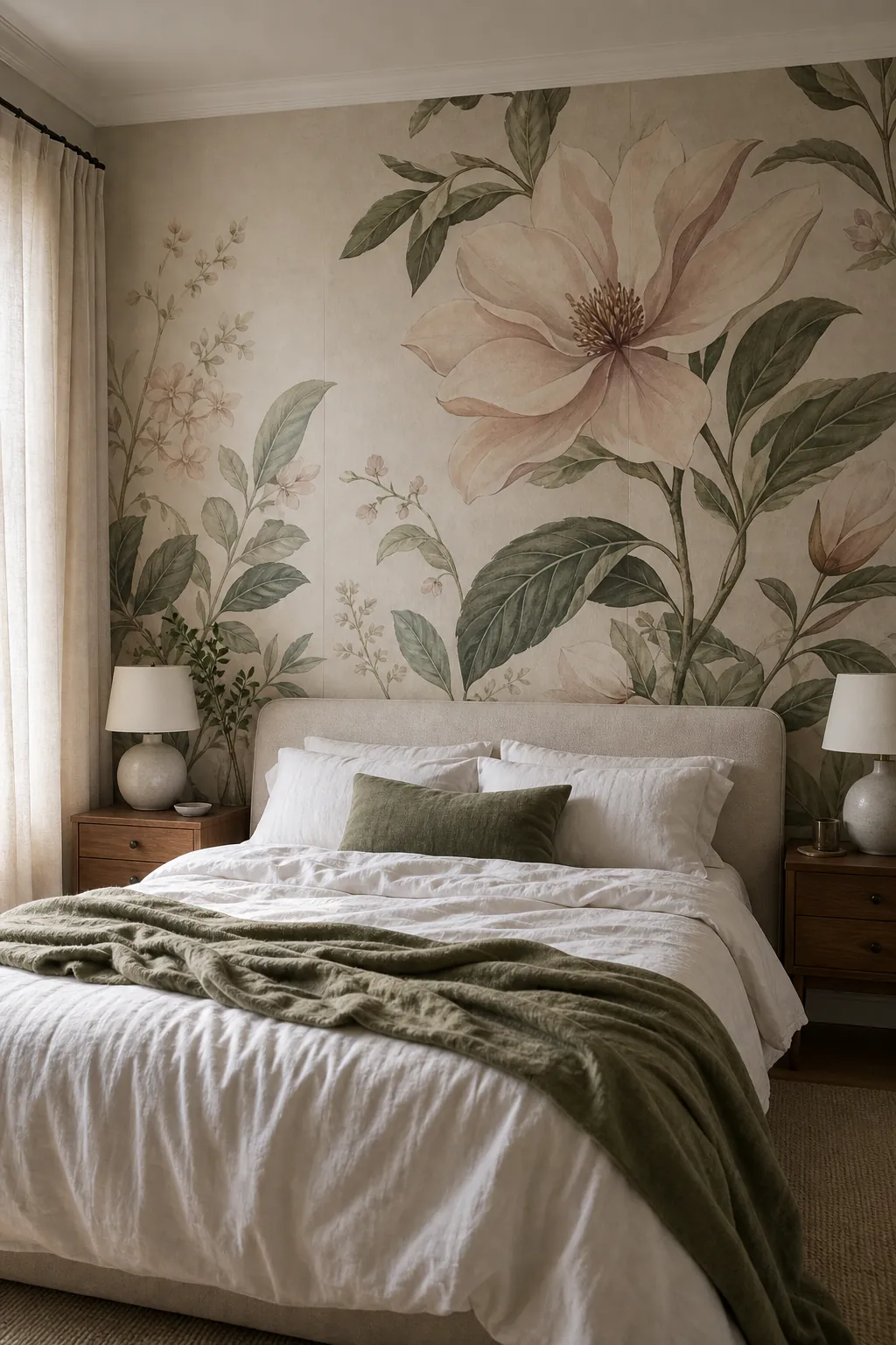 Large floral mural wallpaper behind a bed as a soft botanical hero wall