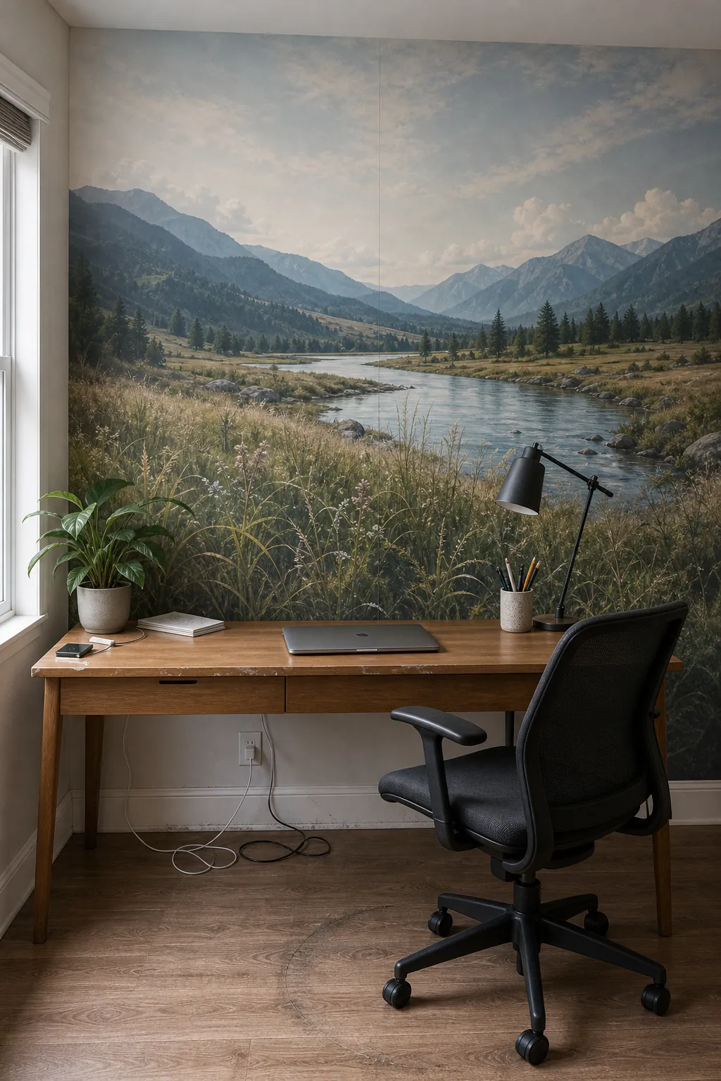 Large landscape wallpaper with foreground middle ground and distant mountains for visual room depth
