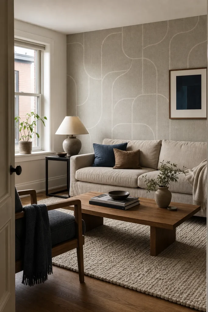 Latest living room wallpaper ideas with tactile neutral texture and modern furniture