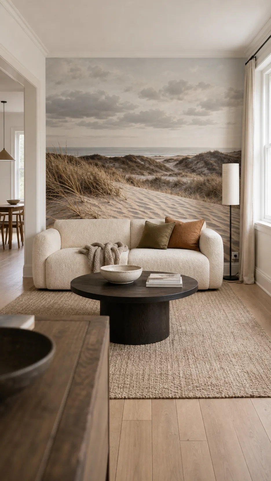 Layered coastal dune wallpaper mural adding depth to a neutral living room