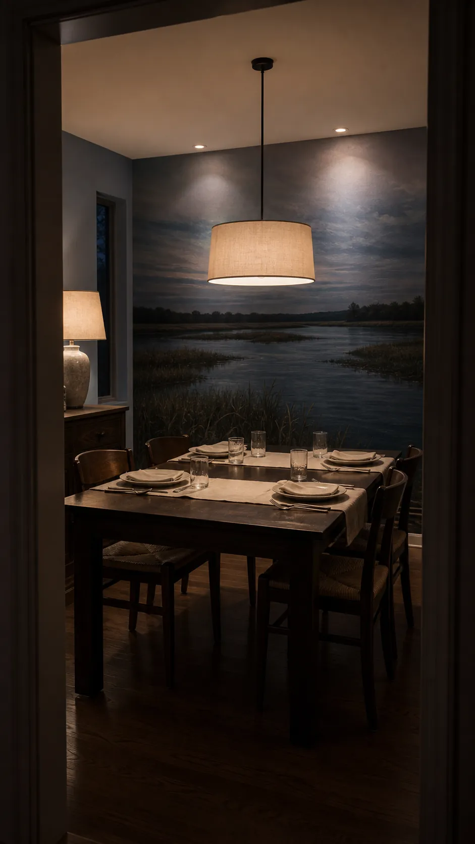 Layered evening lighting revealing scenic wallpaper without glare
