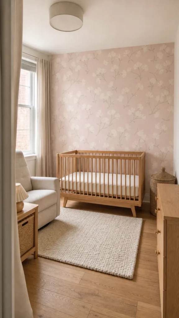 Serene light pink wallpaper nursery with natural oak cot and soft neutral textiles