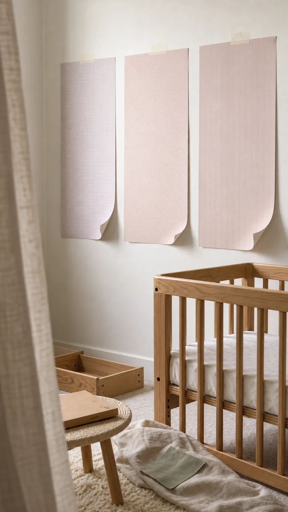 Light pink wallpaper nursery samples tested beside oak crib and cream textiles