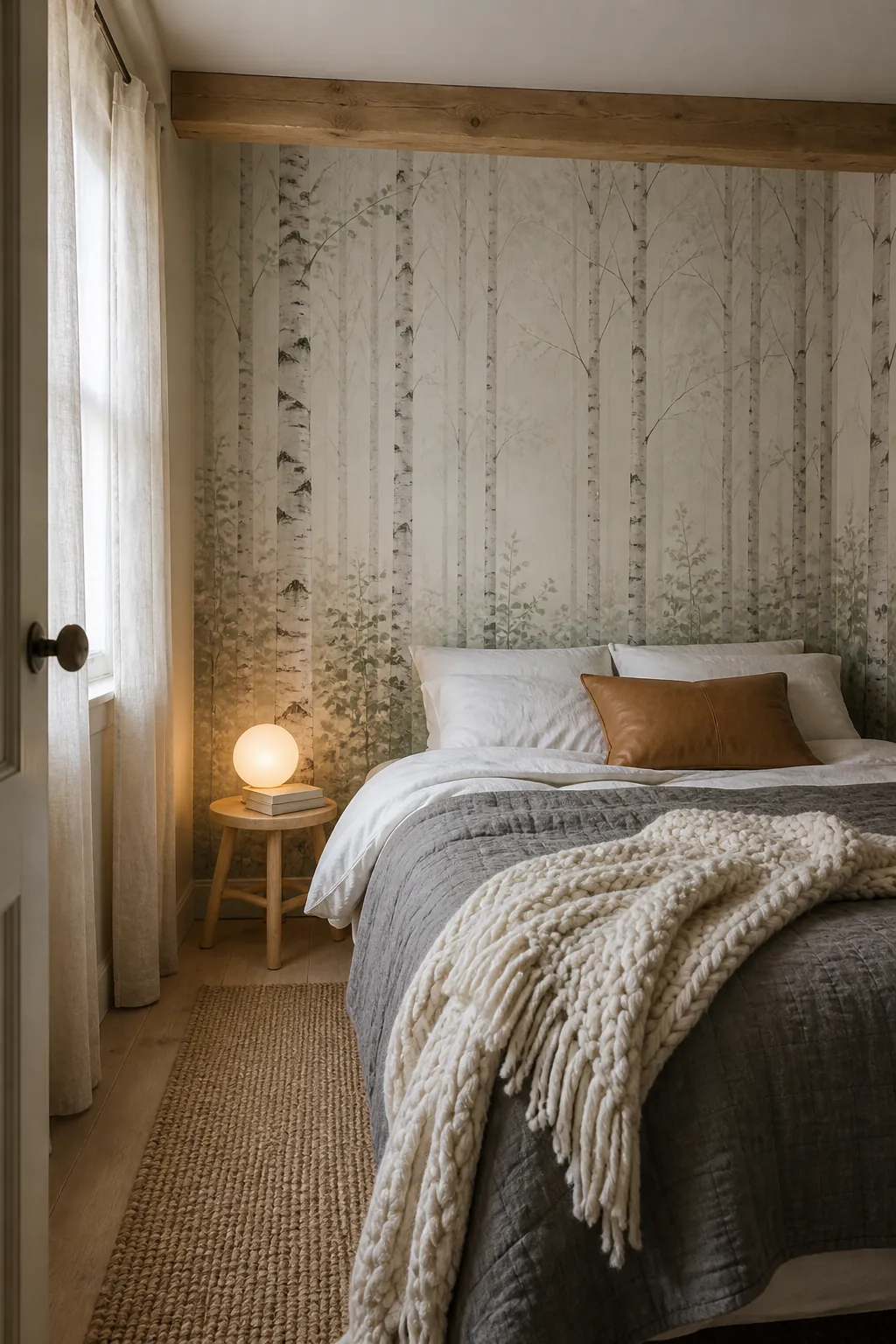 Light woodland birch mural in a north-facing Scandinavian bedroom balanced with warm textures.