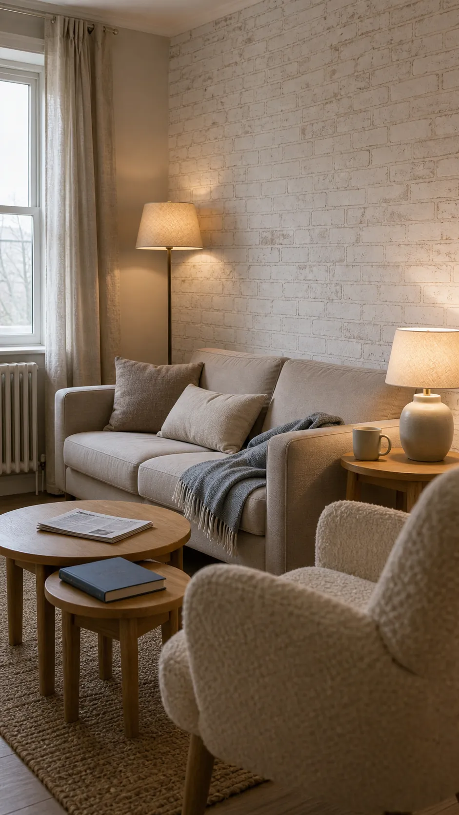 Pale limewashed brick wallpaper brightening a low-light living room