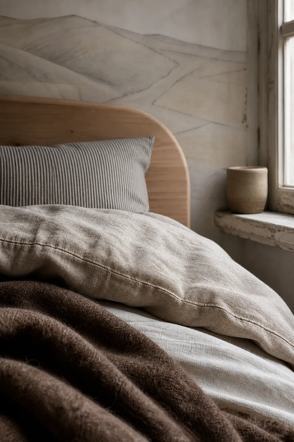 Layered linen textures in front of soft beige scenic wallpaper