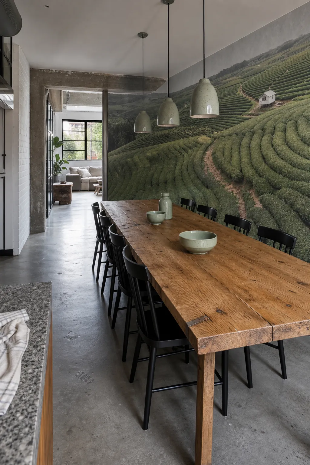 Long dining table used as a leading line toward a scenic wall mural