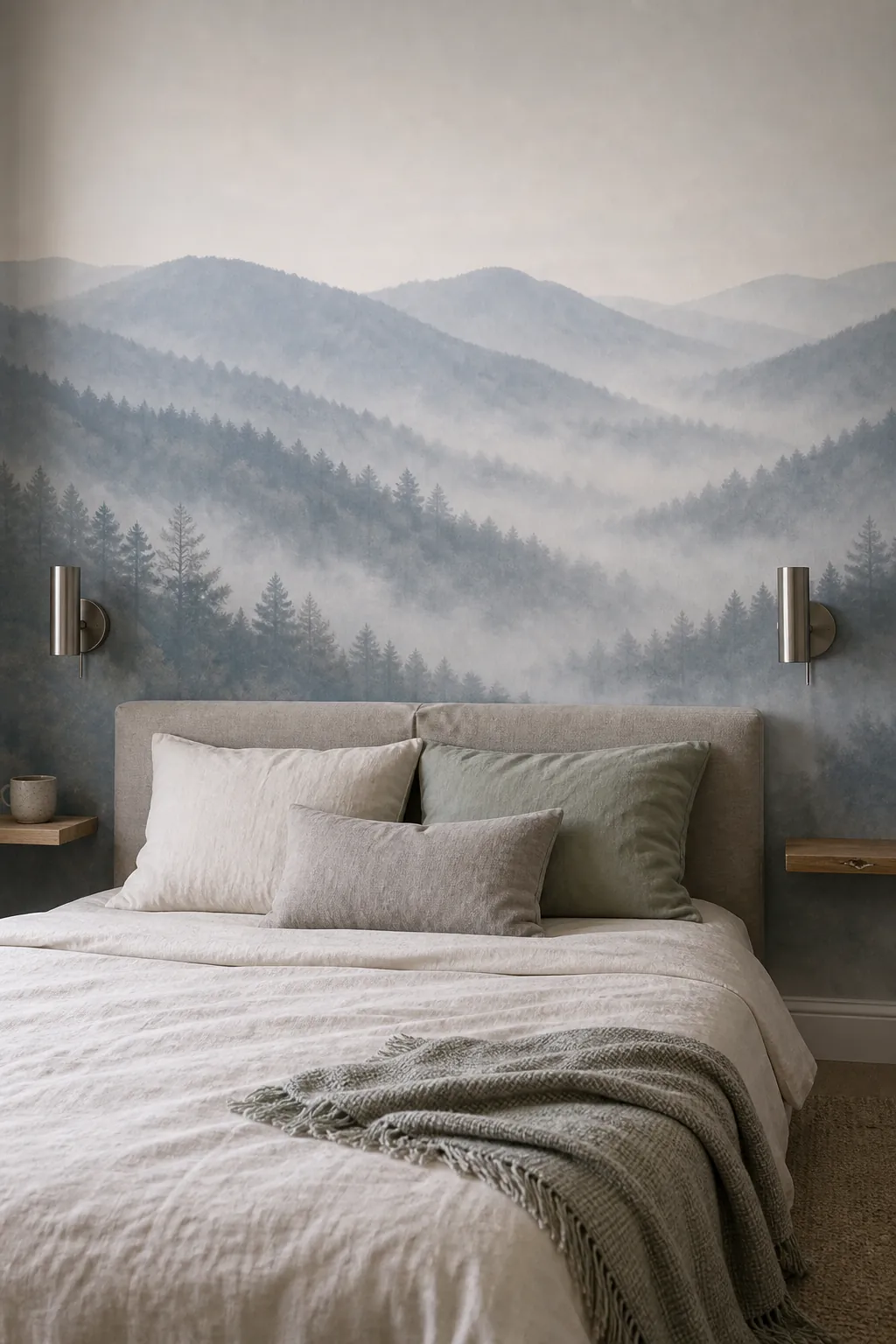 Low bed mountain mural with the misty ridgeline visible above pillows and simple nightstands