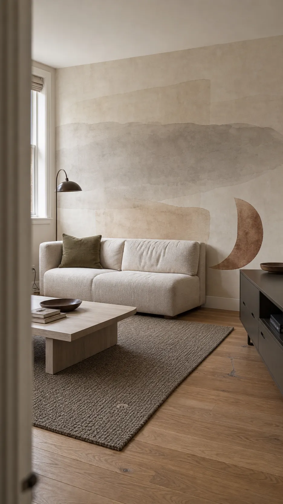 Low contrast neutral abstract wallpaper mural in a calm living room