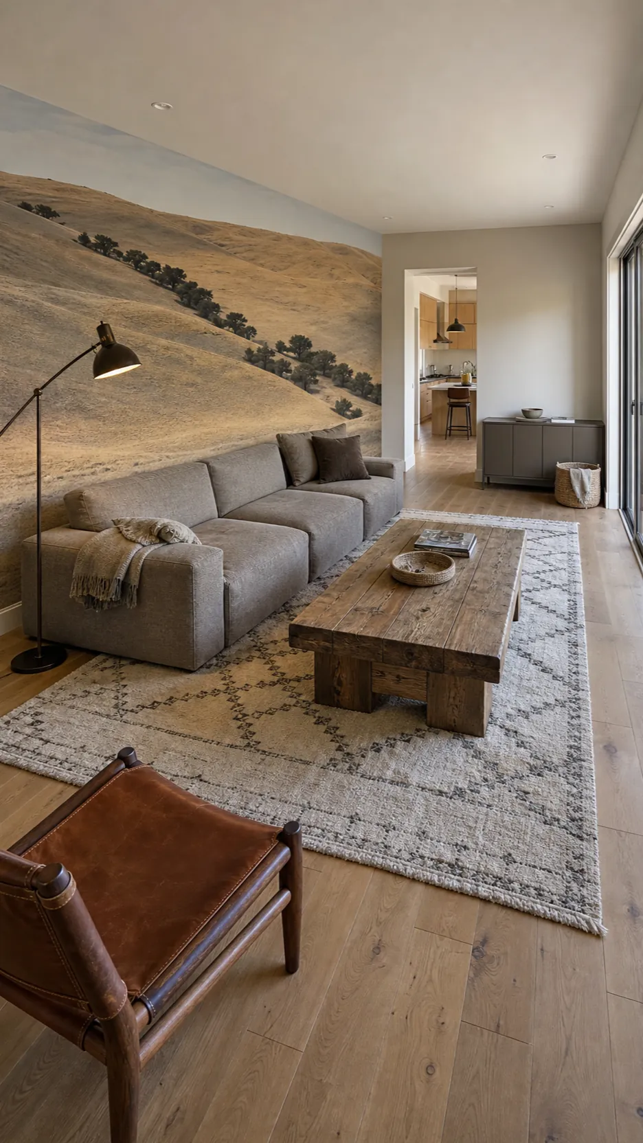Low grounded furniture arranged in front of a coastal living room mural