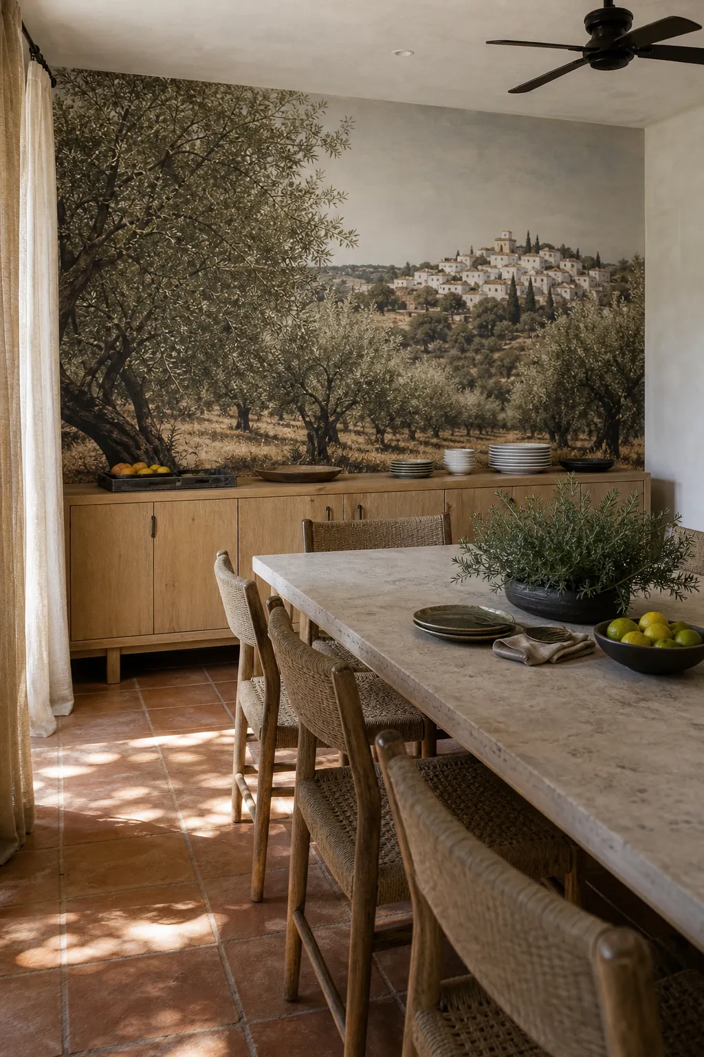 Low sideboard preserving the view across a panoramic dining wall mural