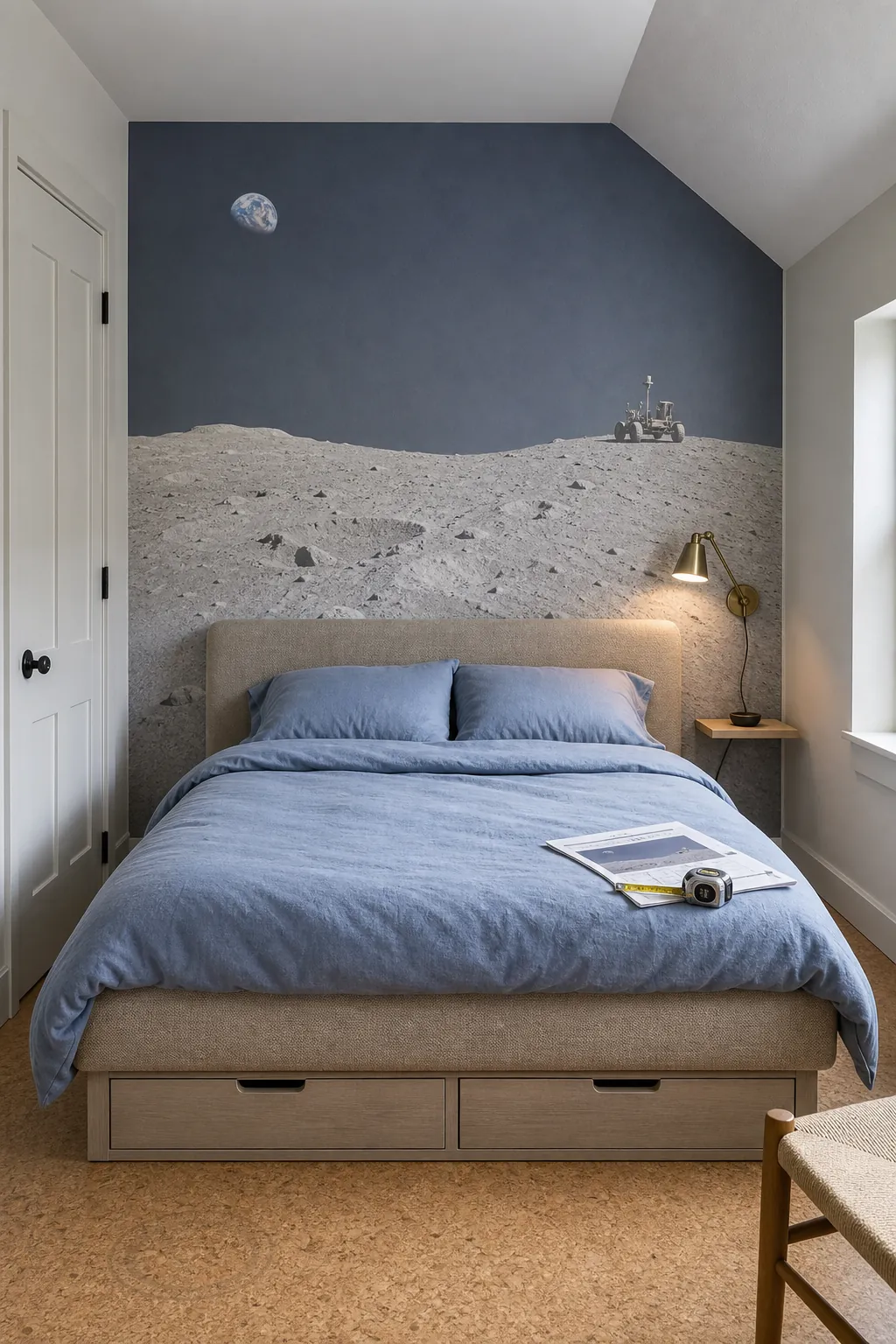 Lunar landscape wall mural carefully scaled around a kids bed and shelving