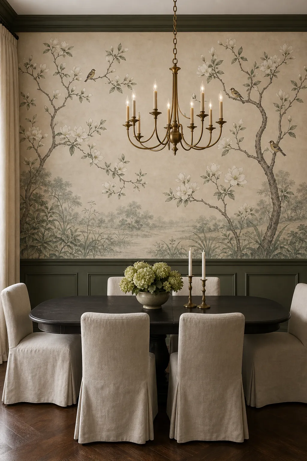 Luxury mural wallpaper dining room with Chinoiserie magnolia garden above dark wainscot