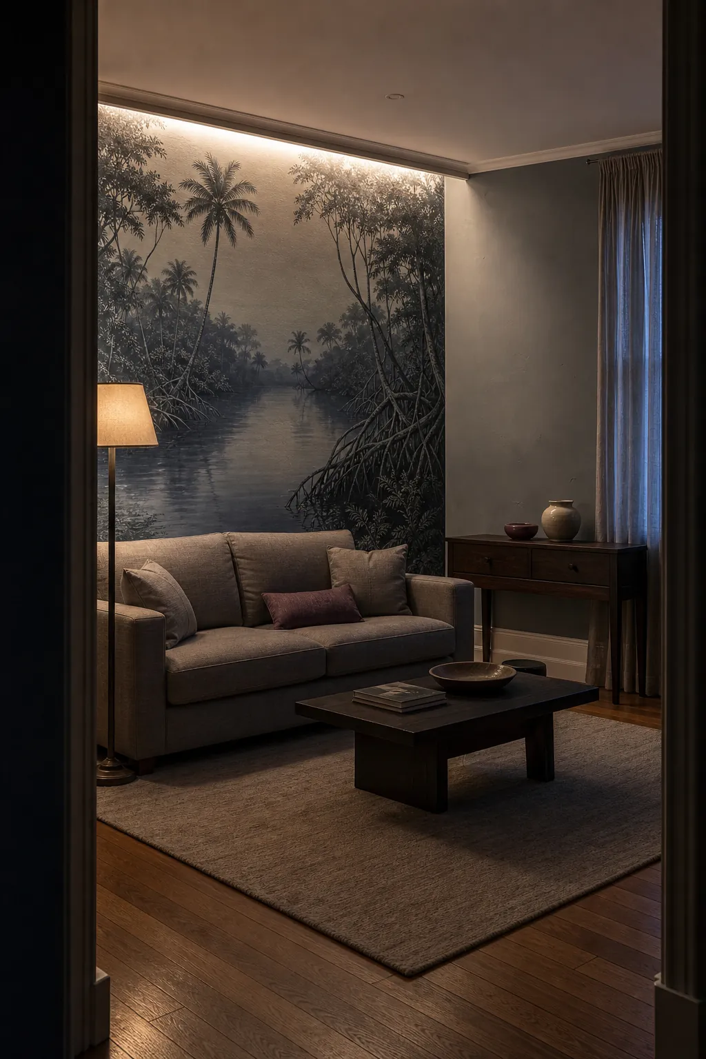 Luxury tropical wallpaper mural with restrained evening lighting