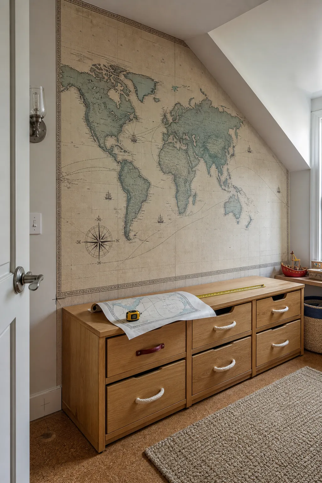Map wallpaper mural scaled carefully above low playroom storage