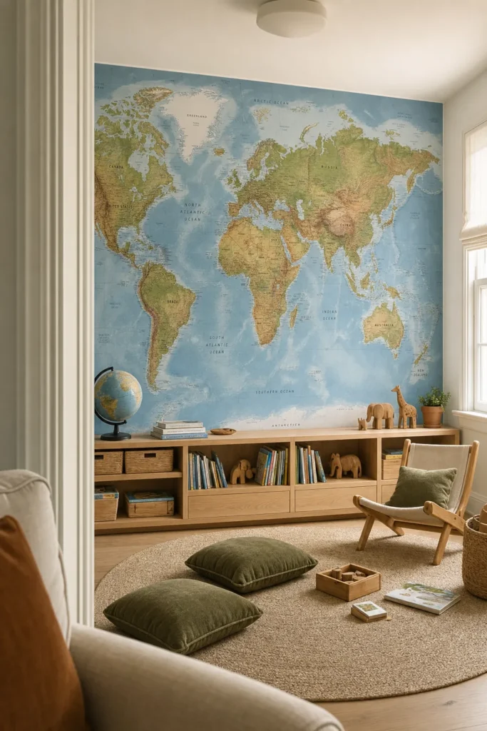 Educational and beautiful world map wallpaper mural in a playroom