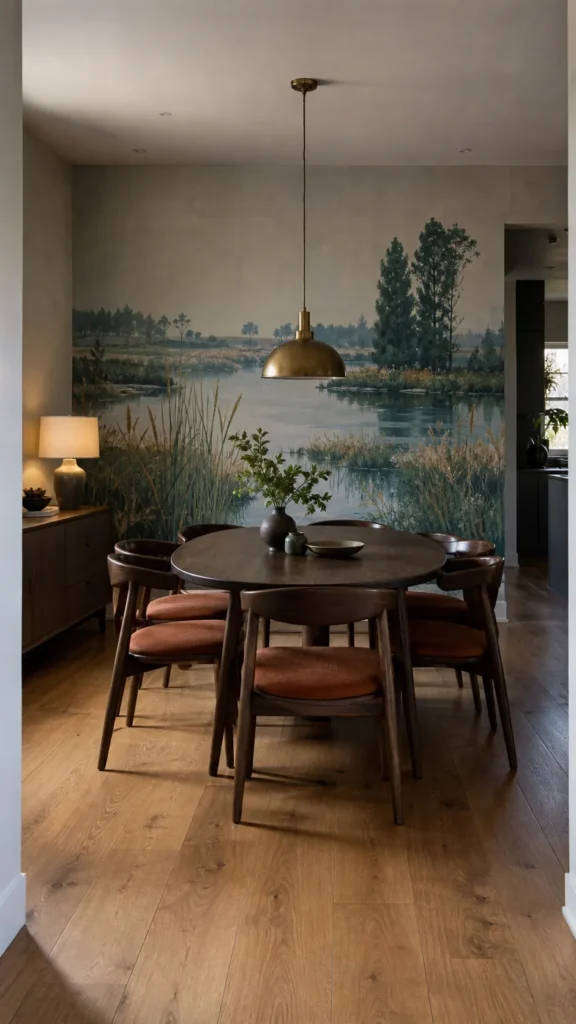 Dining chairs and pendant lighting coordinated with a scenic wall mural