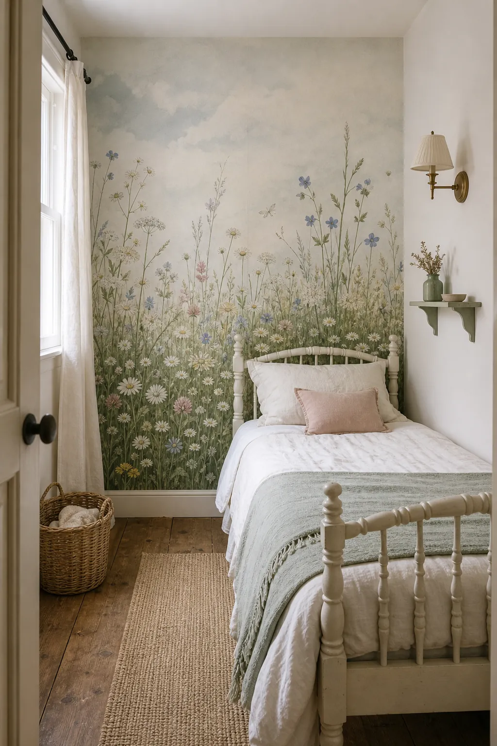 Meadow wall mural in a small cottage bedroom with open visual space