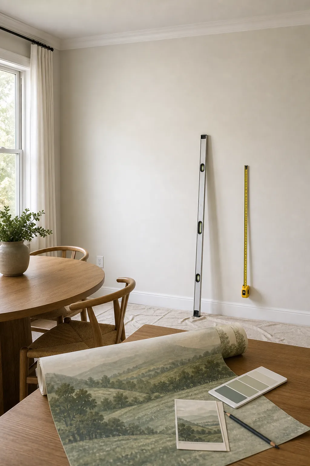Dining room wall being measured before installing a scenic mural wallpaper