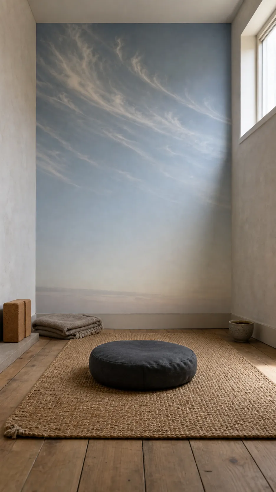 Open sky mural above a simple meditation cushion and mat