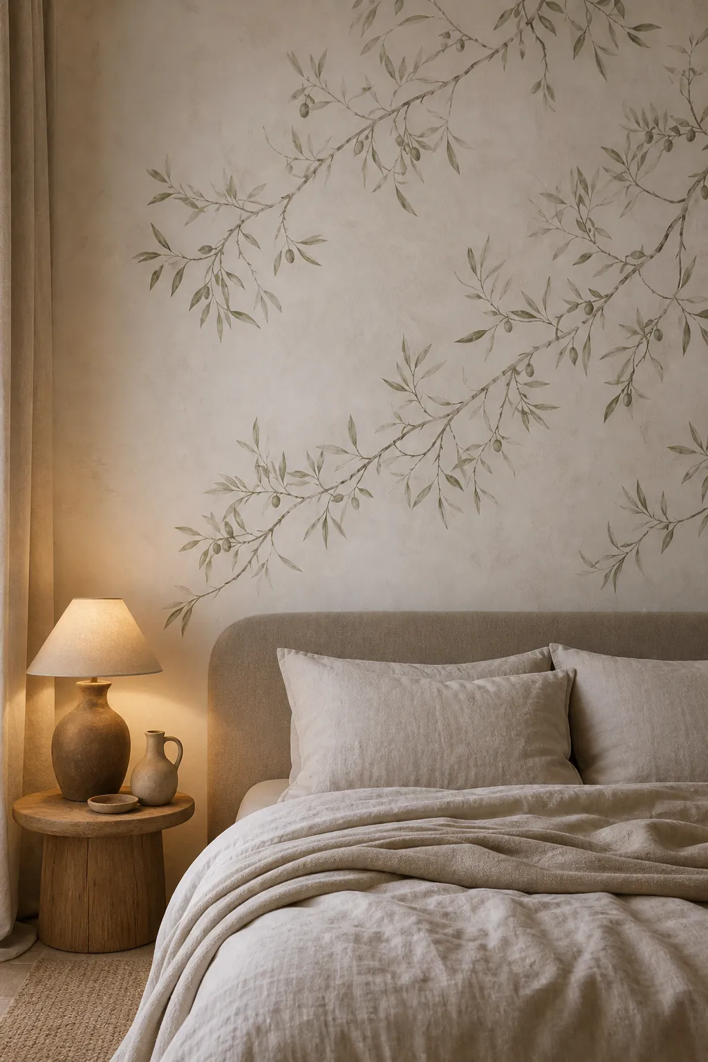 Soft Mediterranean bedroom wallpaper with sage olive branches, linen bedding, and warm neutral plaster tones