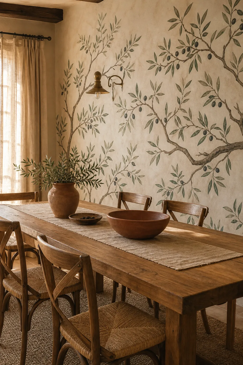 Mediterranean dining room with olive branch wall mural, warm wood table, and terracotta accents