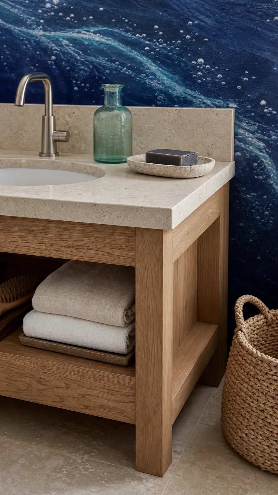 Coastal bathroom mural paired with stone oak and brushed nickel finishes