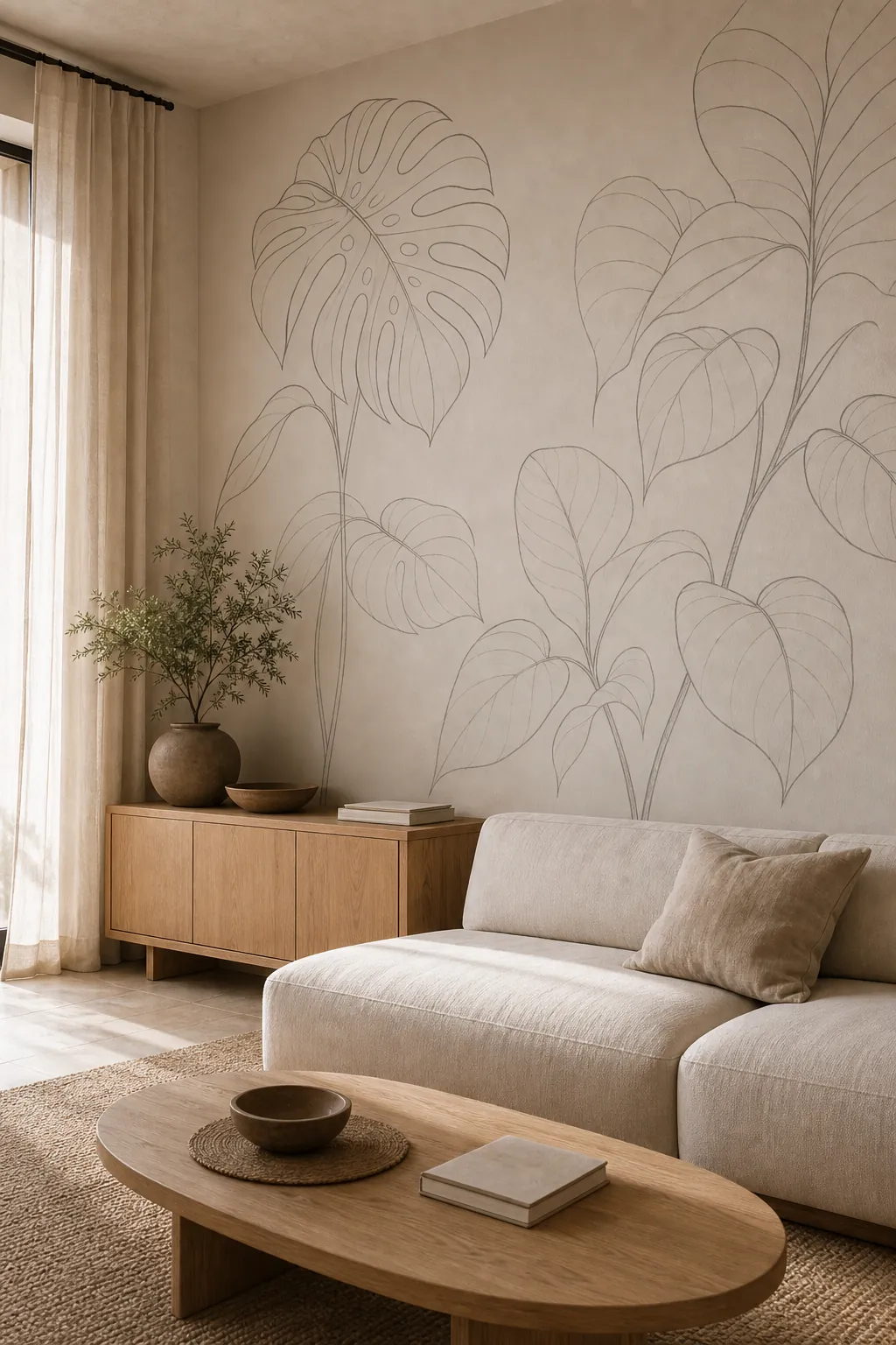 Minimal botanical line art mural in a warm oak living room with soft neutral furniture