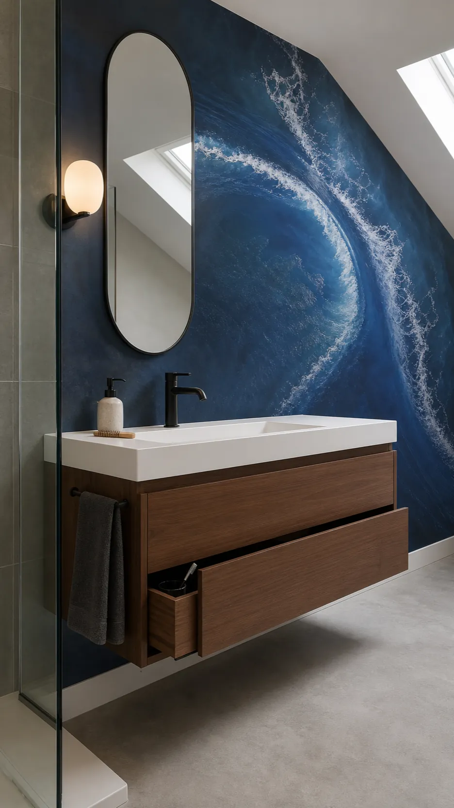Minimal bathroom fixtures arranged around a blue wave wallpaper mural