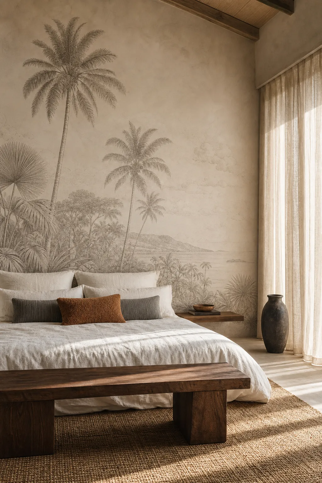 Minimal tropical bedroom decorated with neutral palm artwork