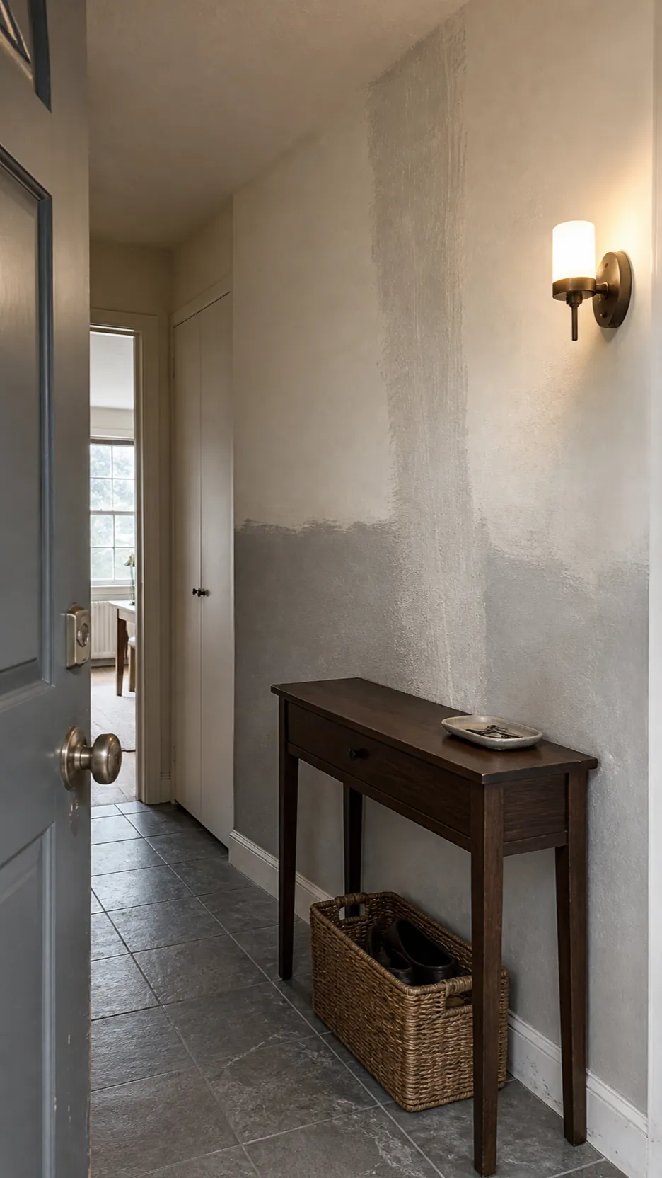 Large-scale chalk plaster mural adding depth to a minimal entryway