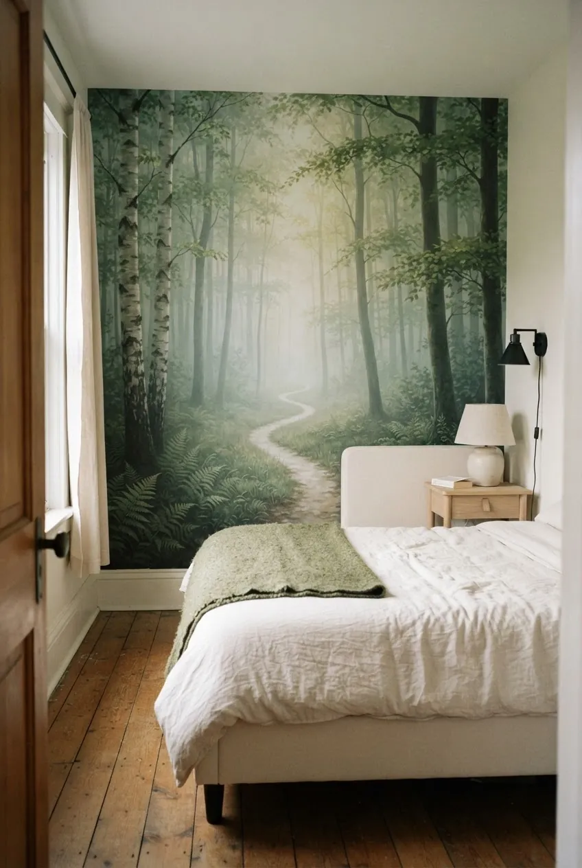 Misty forest wallpaper mural adding depth behind a bed in a small bedroom