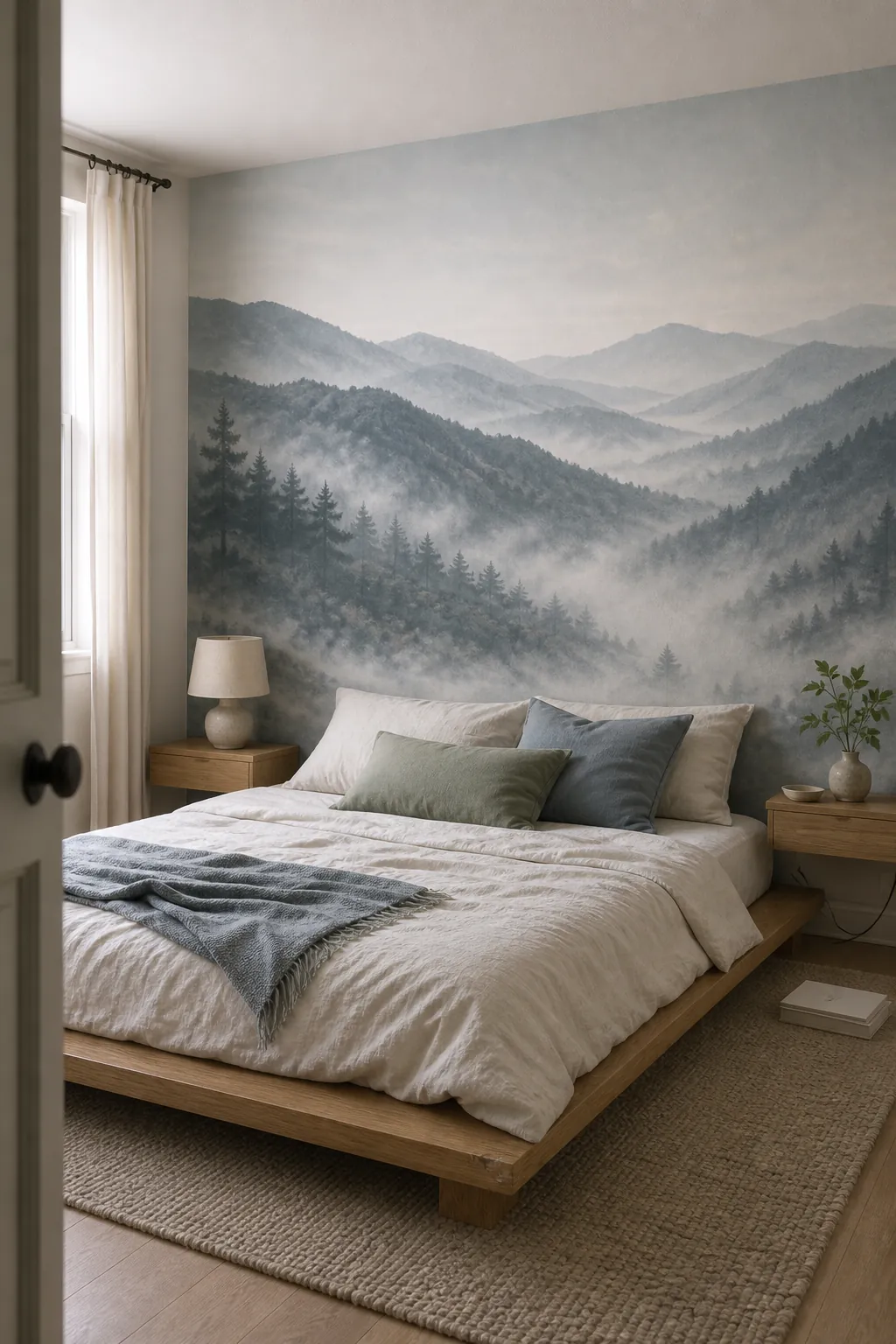Misty mountain wallpaper mural behind a low bed for a calm bedroom feature wall