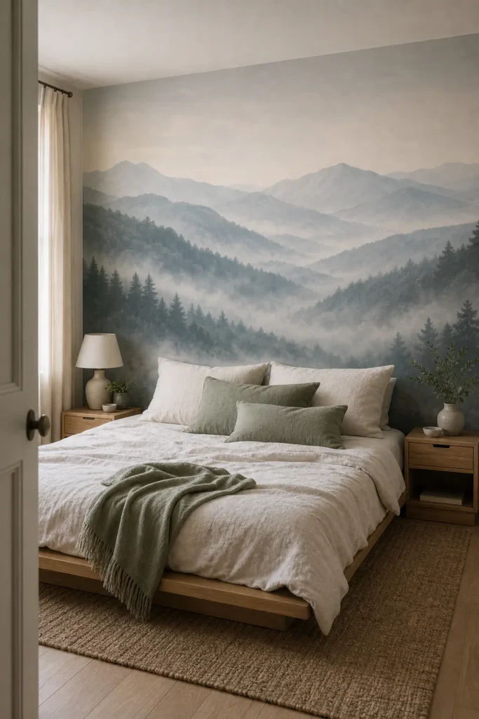 Misty mountain wallpaper mural creating a calm bedroom with low furniture