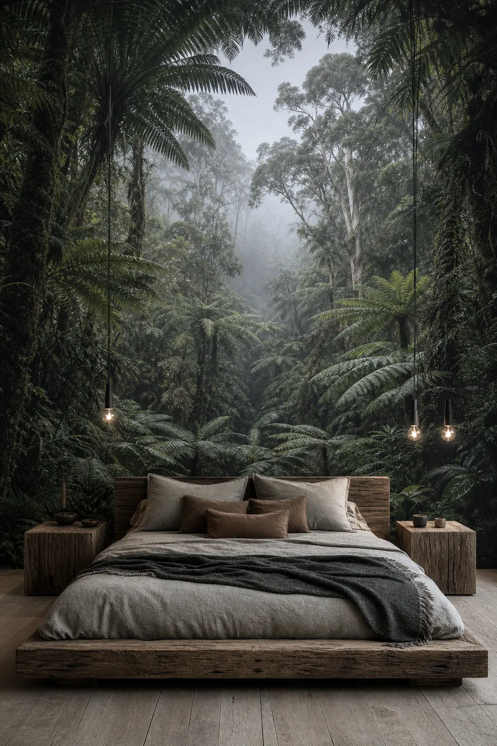 Bedroom featuring an immersive mural of a mist-covered rainforest