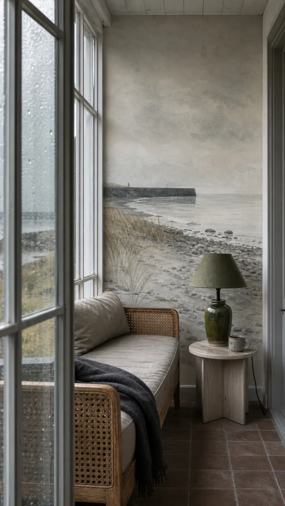 Misty shoreline coastal mural wallpaper in a softly neutral sunroom