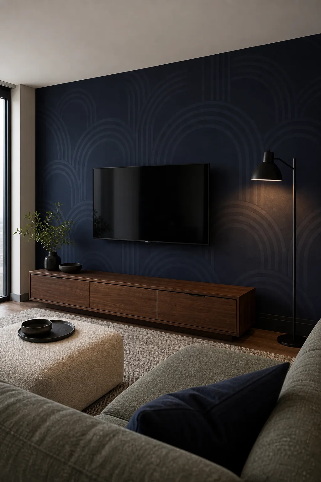 Modern dark room wallpaper with tone-on-tone navy geometry and modular sofa