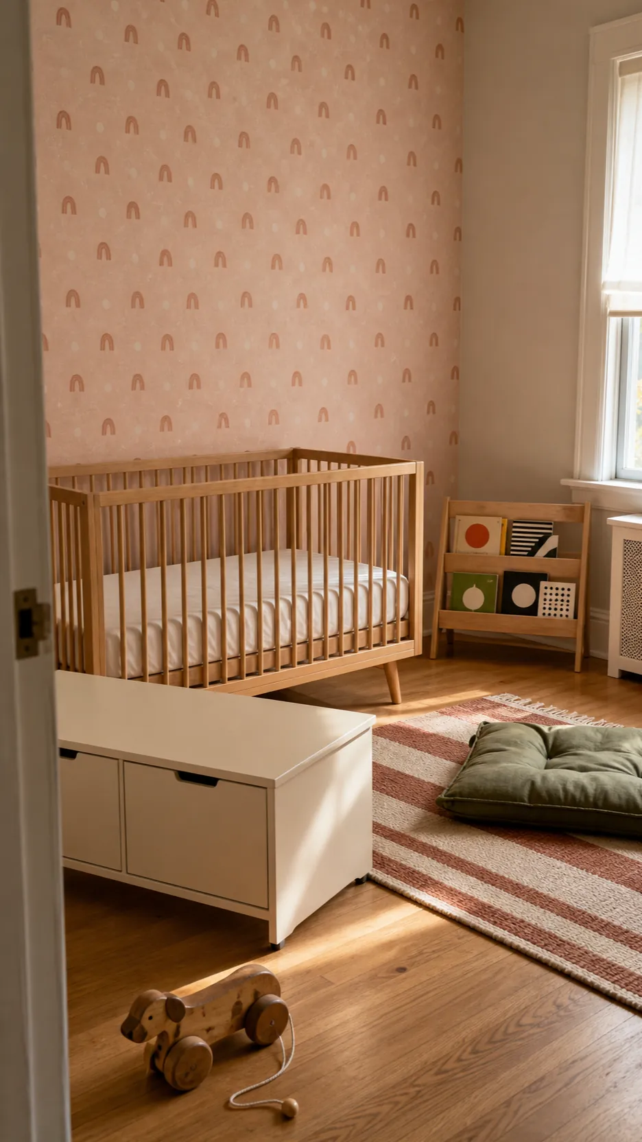 Modern pink wallpaper nursery arranged to transition from baby room to toddler space