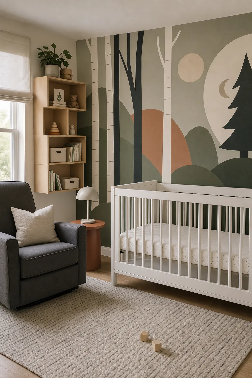 Modern woodland nursery with graphic forest shapes and neutral baby furniture