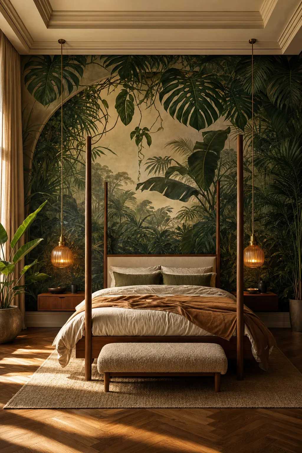 Cozy bedroom wrapped in wallpaper with giant green monstera leaves
