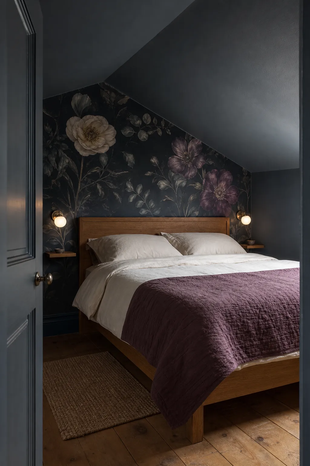 Moody bedroom mural paired with deep charcoal blue walls and a softly painted ceiling