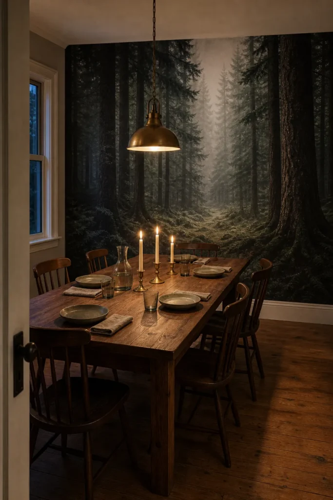 Moody forest mural dining room glowing with candlelight and aged brass accents