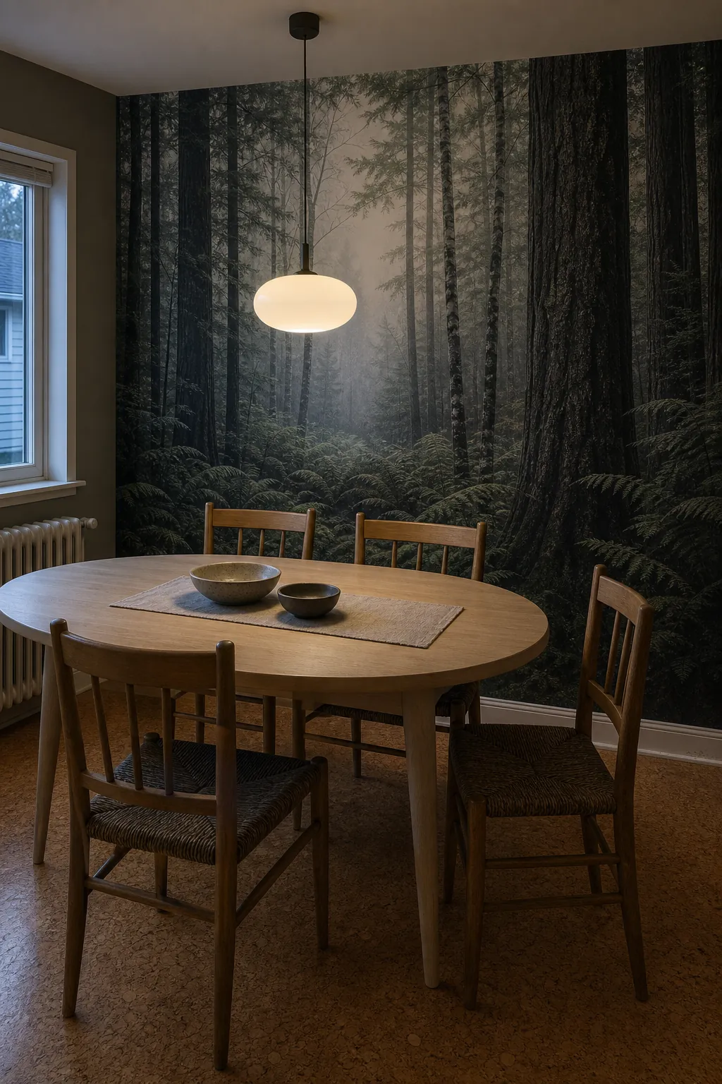 Moody forest mural with distinct foreground trees and misty depth behind a dining table