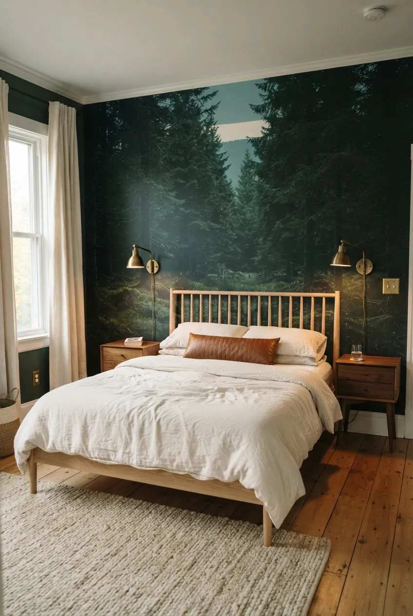 Moody forest wall mural balanced with warm wood and light bedding in a bedroom